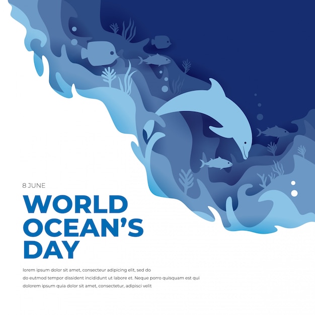 World ocean day concept with dolphin and fish