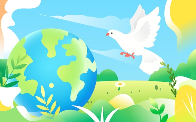 World Peace Day, release the dove of peace with plants and sky in the background, vector