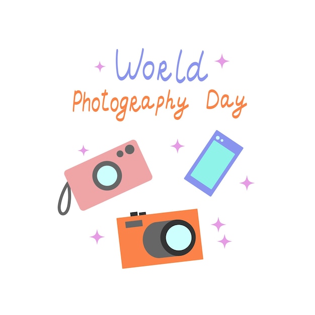 World Photography Day vector typography with cartoon camera flat vector illustration