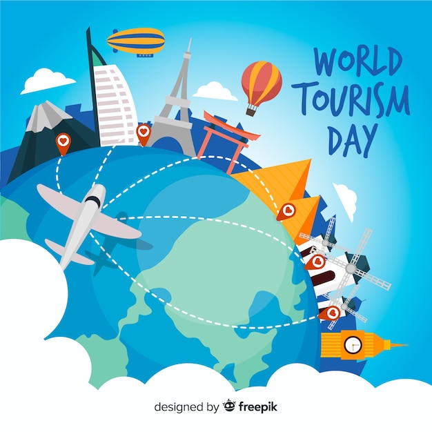 Vector world tourism day background with landmarks and transport