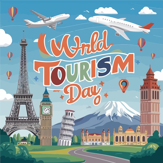 Vector world tourism day flat drawn celebration concept