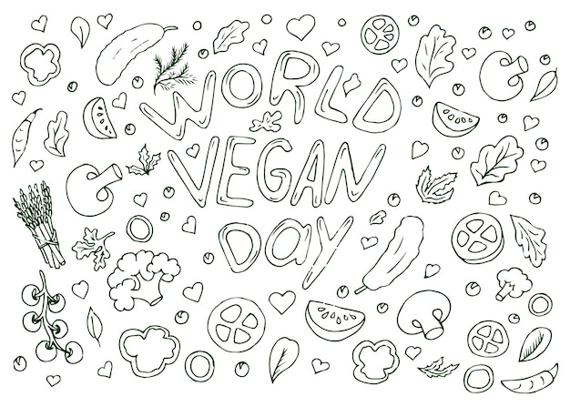 World vegan day Lettering Doodle Hand drawn vector illustration