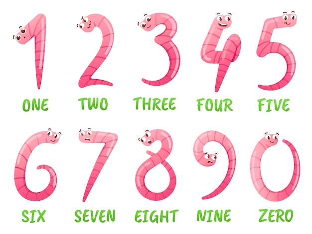 Worm number Cartoon earthworms count and numbers learning for kids Funny insects vector Illustration set