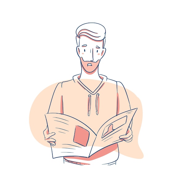 Worried man reading newspaper line color vector illustration