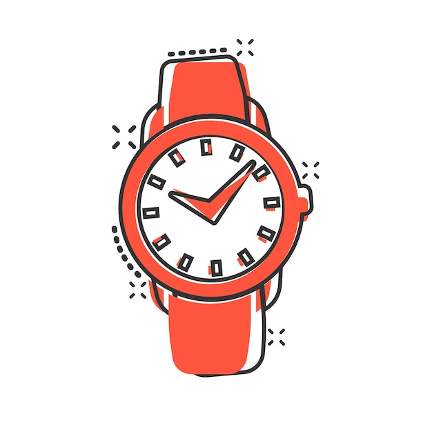 Vector wrist watch icon in comic style hand clock cartoon vector illustration on white isolated background time bracelet splash effect business concept