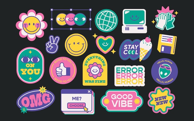 Vector y2k 90s stickers illustration pack