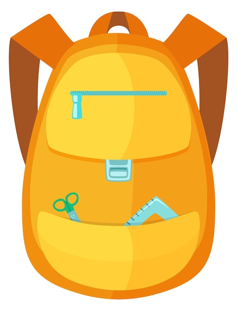 Yellow backpack with school supplies Cartoon bag icon