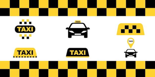 Vector yellow-black taxi signs. set of taxi service vector icons. service transportation people.