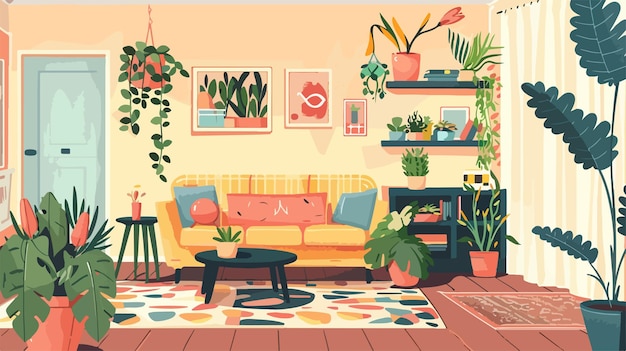 a yellow living room with a yellow couch and a plant on the shelf