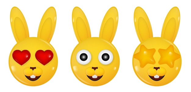 Yellow rabbits Set of glossy 3d icons Hearts and stars Yellow bunny sticker Emoji