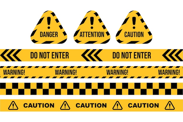 Vector yellow ribbon with stripes as label for under construction or warning sign post