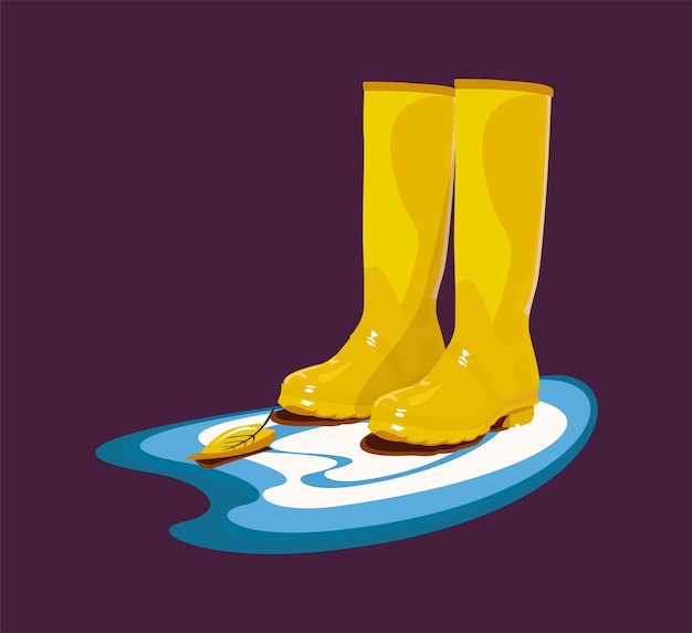 Vector yellow rubber boots stand in a puddle with an autumn leaf vector illustration autumn symbol