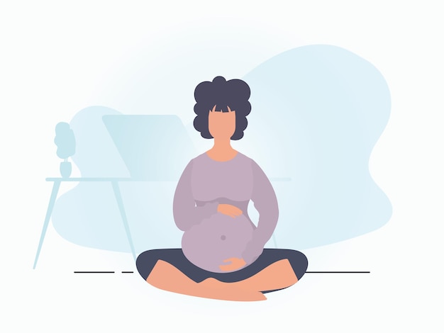 Yoga for pregnant women Active well built pregnant female character Banner in blue colors for your design Vector illustration in cartoon style