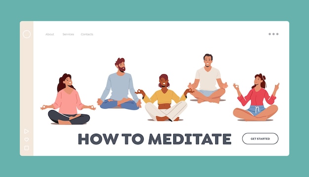 Vector yogi men and women meditate landing page template male and female characters sit in lotus posture in yoga class