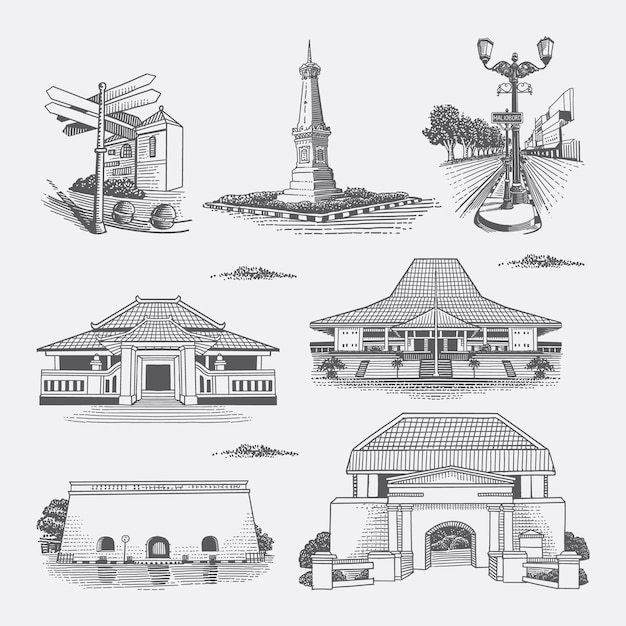 Vector yogyakarta heritage building drawing illustration