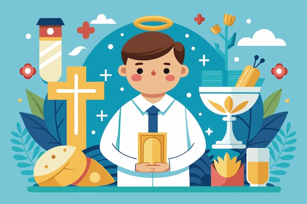 A young boy holds a sacred box symbolizing his first communion amid various religious symbols First communion Customizable Disproportionate Illustration