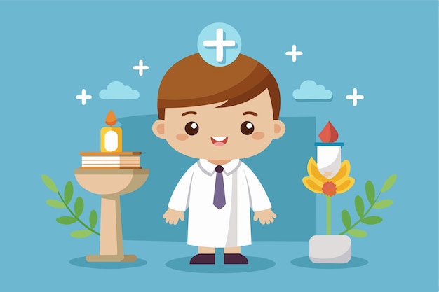 A young boy joyfully marks his first communion with candles and colorful decorations First communion Customizable Cartoon Illustration