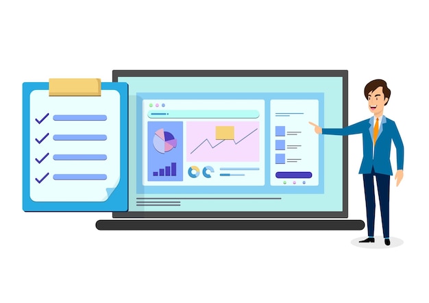 Young businessman showing a diagram on a computer monitor The clipboard shows the validation of the graphs Man's hand pointing at a large screen Flat style cartoon illustration vector