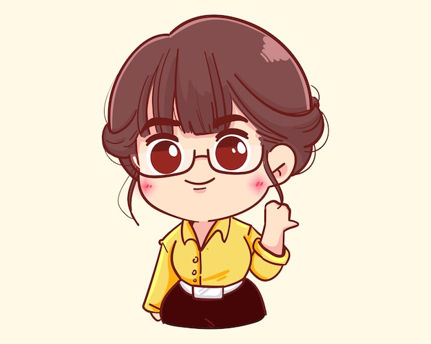 Young businesswoman points with thumb cartoon illustration