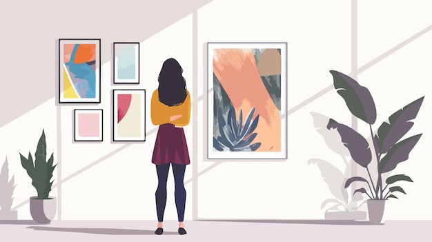 Vector young caucasian woman in an art gallery