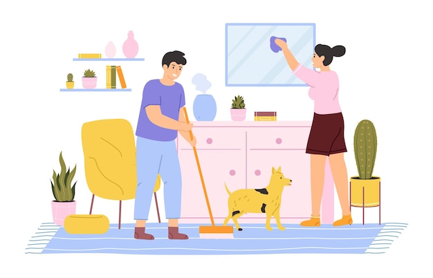 Young couple cleaning and washing house