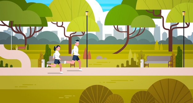 Vector young couple jogging outdoors in modern public park