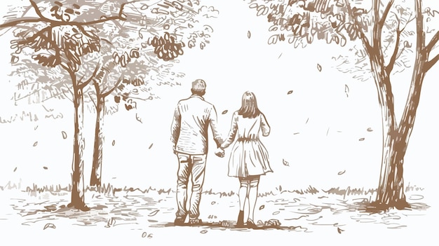 Vector young couple in the park handdrawn vector illustration