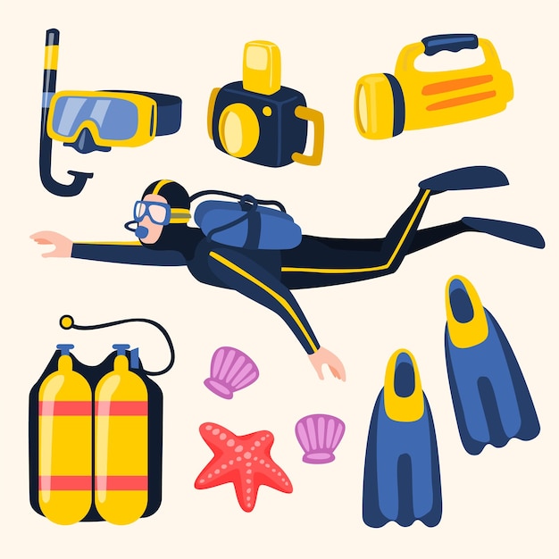 Young diver man with set of equipment for diving cartoon profession