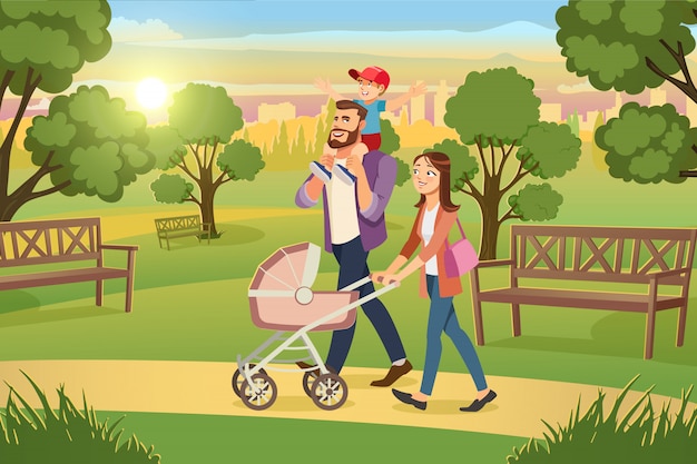 Young Family Walking with Kids in Park Vector