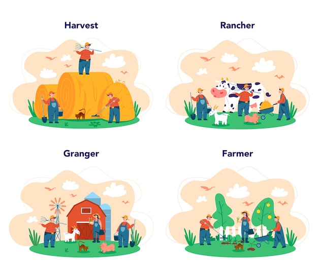 Vector young farmers team working web set on white background