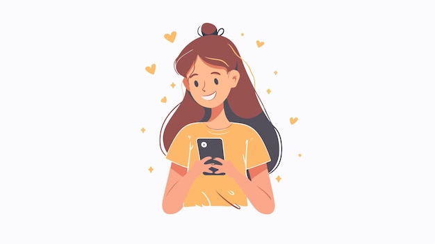 Vector young girl looking at phone and smiling