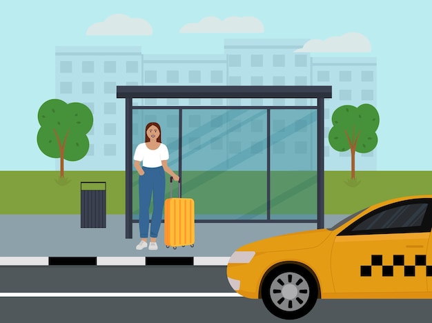 A young girl stands at a bus stop and waits for her taxi