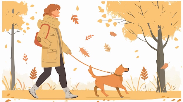 Vector young girl walking dog in autumn park