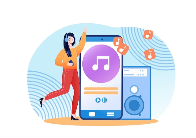 Vector young girl with earphones and headphones listen to music and enjoy sound using audio player flat