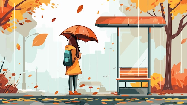 Vector young girl with umbrella standing on a rainy day