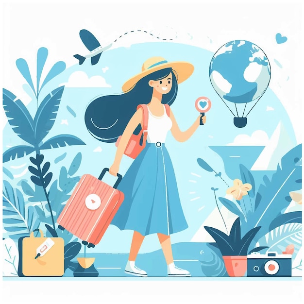 Vector young happys woman tourist traveling summer