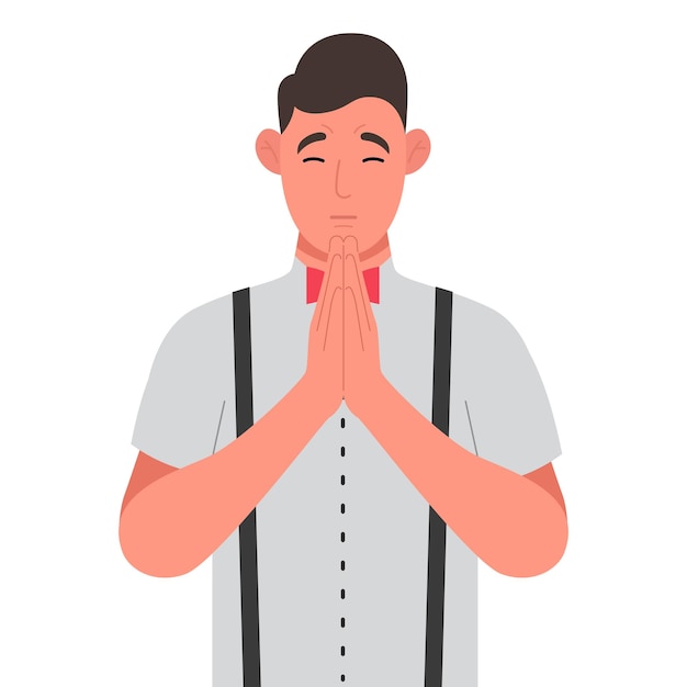 Young man in closed eyes praying hands together Vector illustration