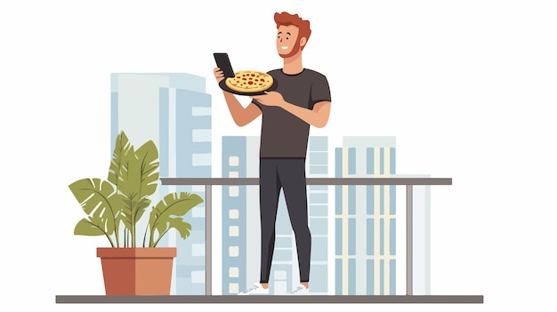 Vector young man eating pizza and using smart phone