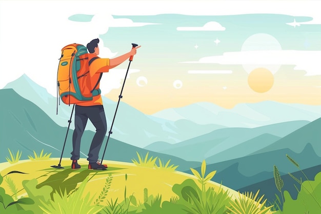 Vector young man hiking mountains