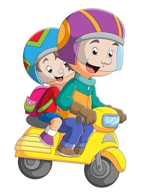 Vector the young man is riding the motorcycle with the son of illustration