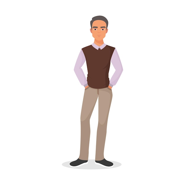 Vector young man standing male character with hands in trouser pockets