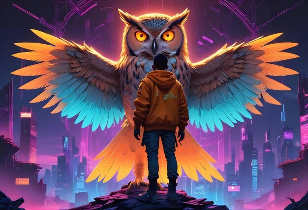 Vector a young man stands before a giant glowing owl in a futuristic cityscape setting the owls wings are spread wide displaying vibrant colors