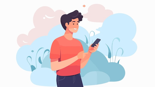 Vector young man using smartphone with speech bubble vector illustration