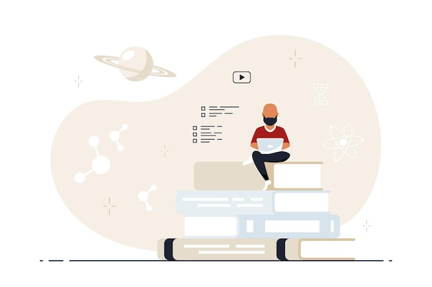 Young man with laptop sitting on big book stack. Online education concept, remote studying concept. Flat style vector illustration.