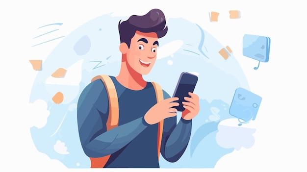 Vector young man with smartphone notifications