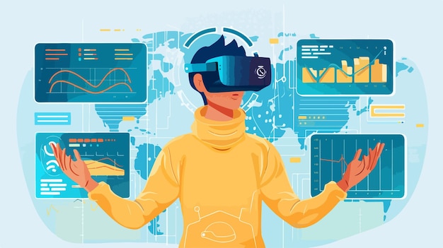 Vector young man with virtual reality concept