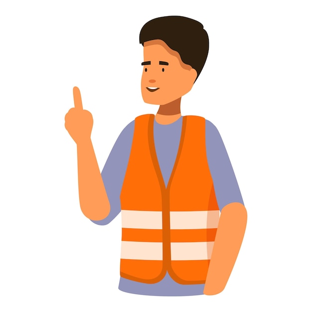 Vector young man worker character wearing orange safety vest pointing up with finger