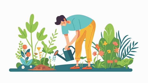 Vector young man working with shovel and watering can