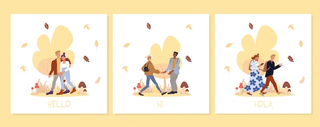 Vector young people walk in forest on greeting card set