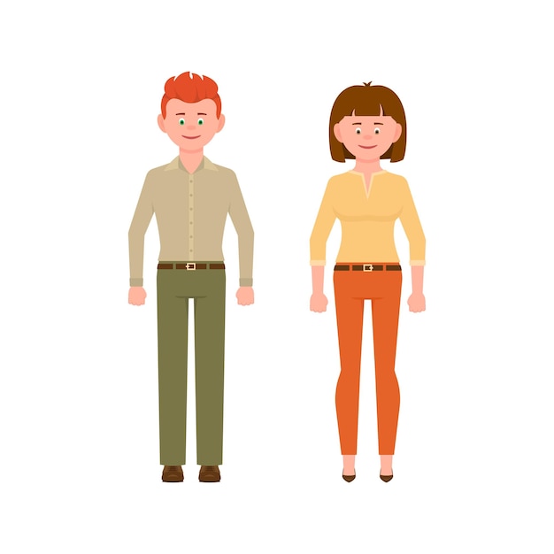 Vector young red hair man in green pants and brown hair woman in orange pants vector illustration front view standing boy and girl cartoon character set